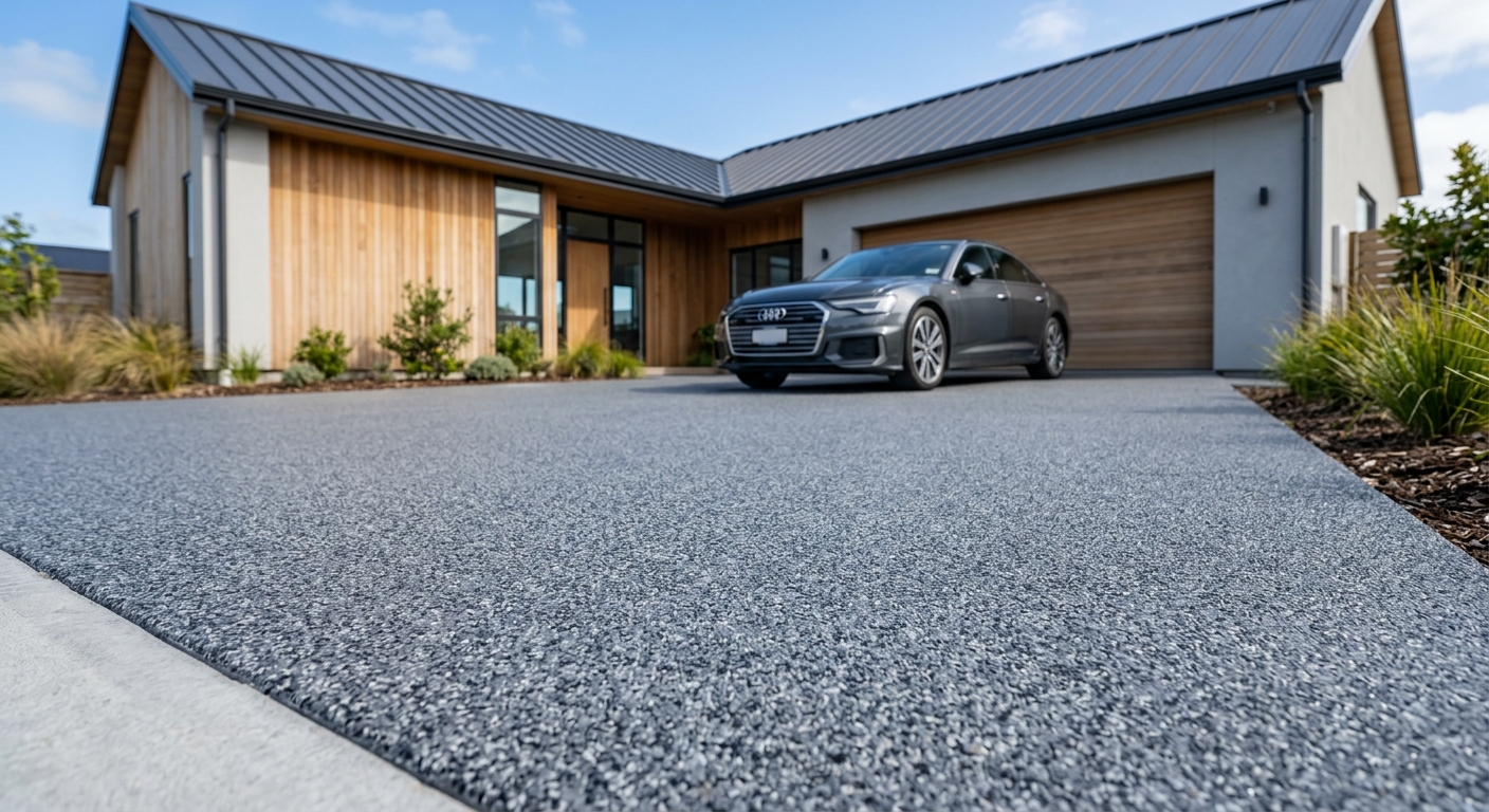 Coated concrete driveway at Plano family residence