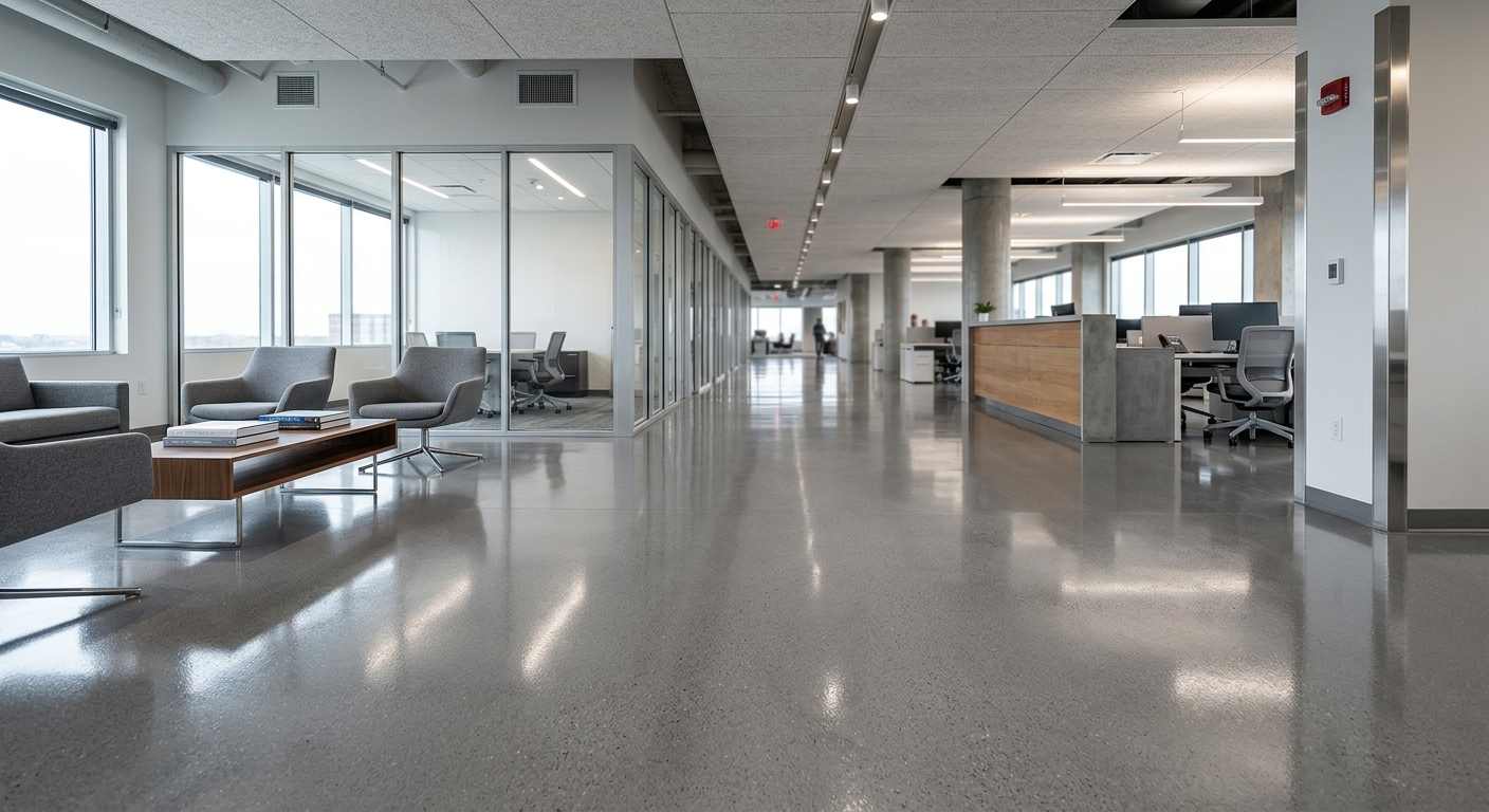 Commercial epoxy flooring installation at Plano business district office complex
