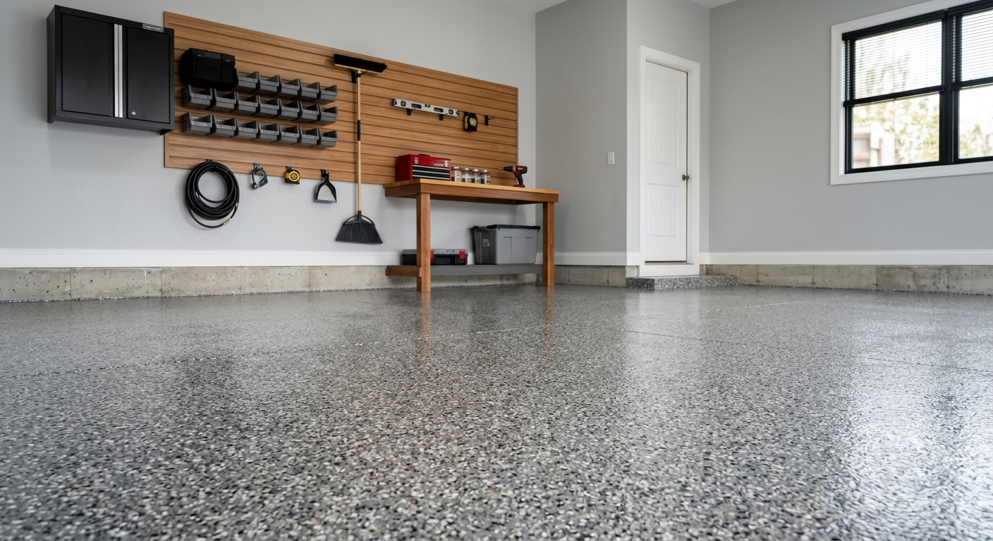 Two-car garage with decorative flake epoxy coating in Plano residence