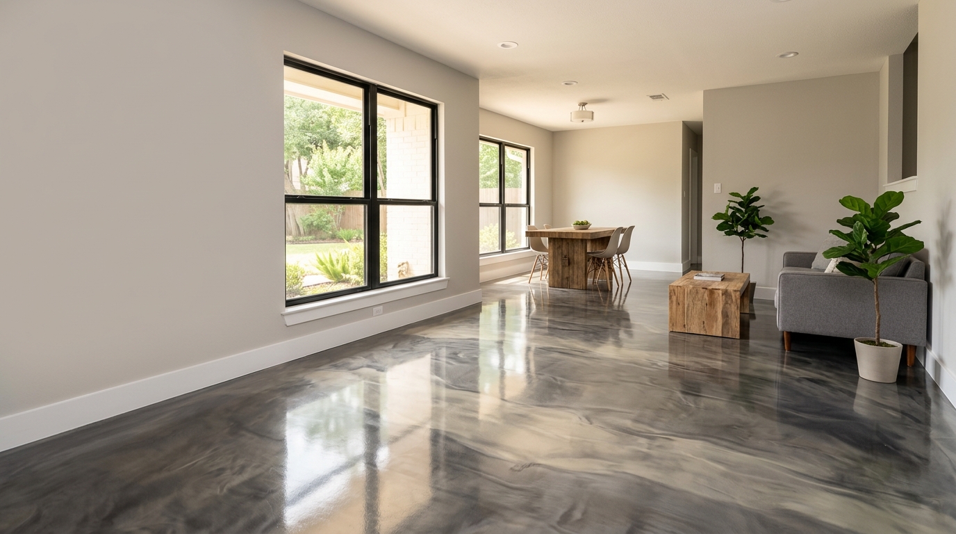 Professional epoxy floor coating application in progress at Plano property