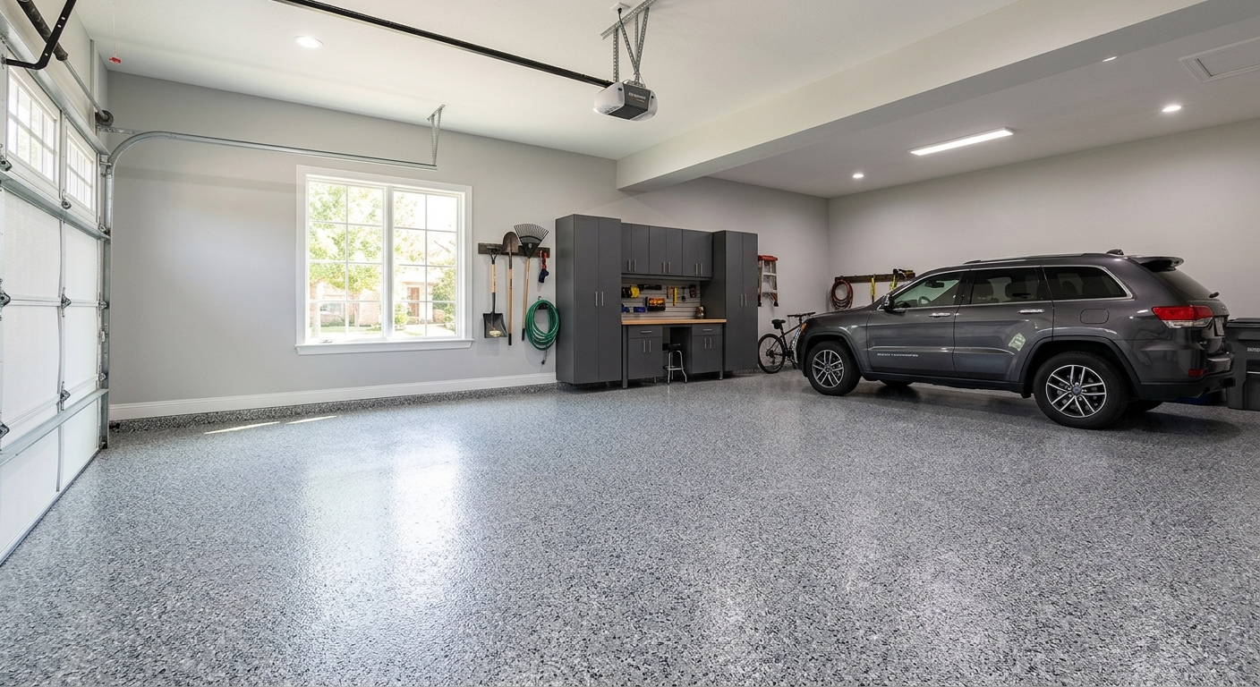 Metallic epoxy garage floor coating completed in West Plano home