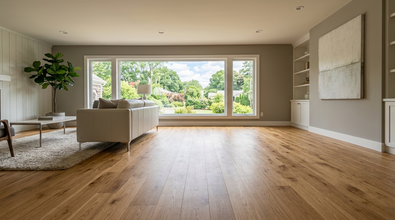 Beautiful hardwood flooring installation in a Milford waterfront home