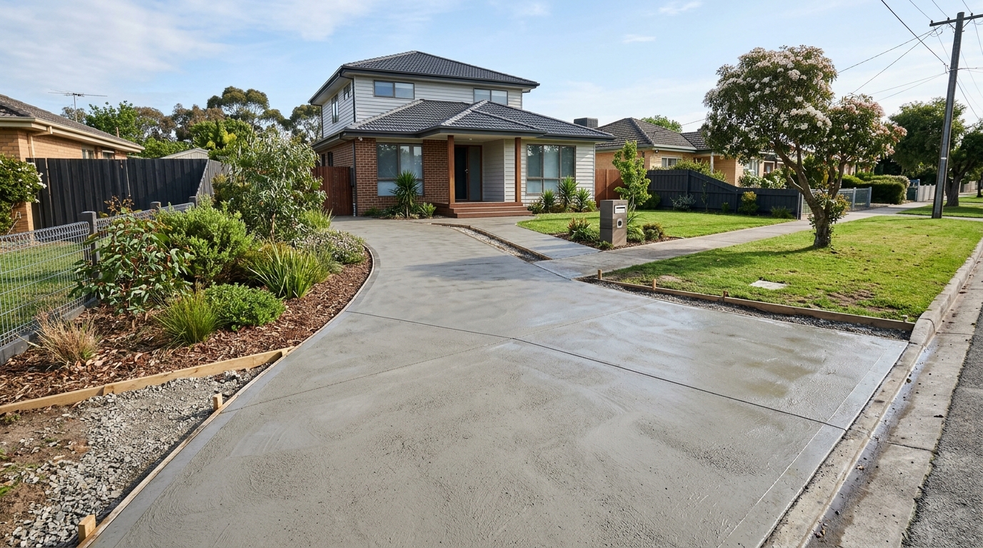 Freshly poured plain concrete driveway at a Melbourne family home