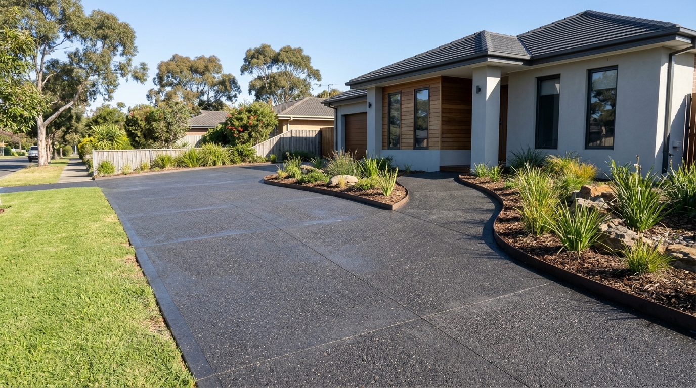Freshly poured exposed aggregate driveway with decorative stone finish in Melbourne, VIC