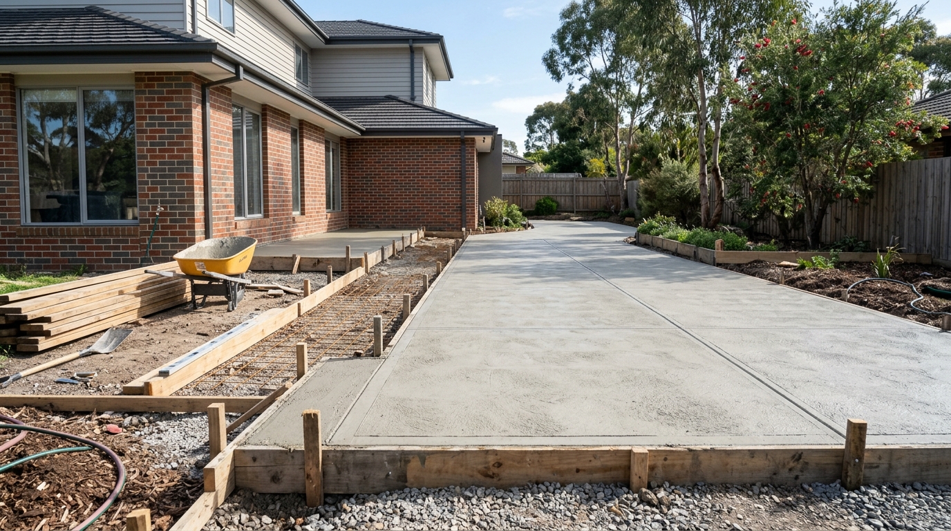 Freshly poured concrete patio with a broom finish behind a Melbourne home
