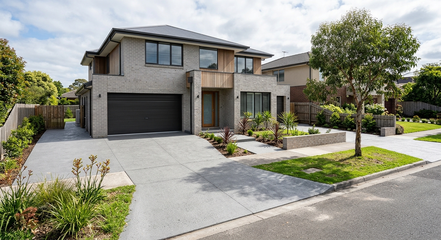 Concrete patio with a broom finish in a Melbourne backyard