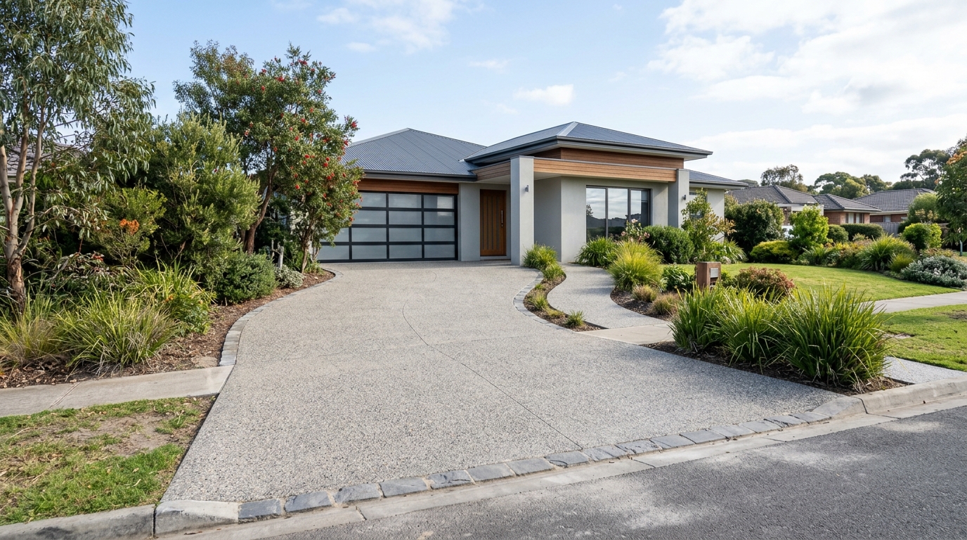 Exposed aggregate concrete driveway poured by our crew in Melbourne