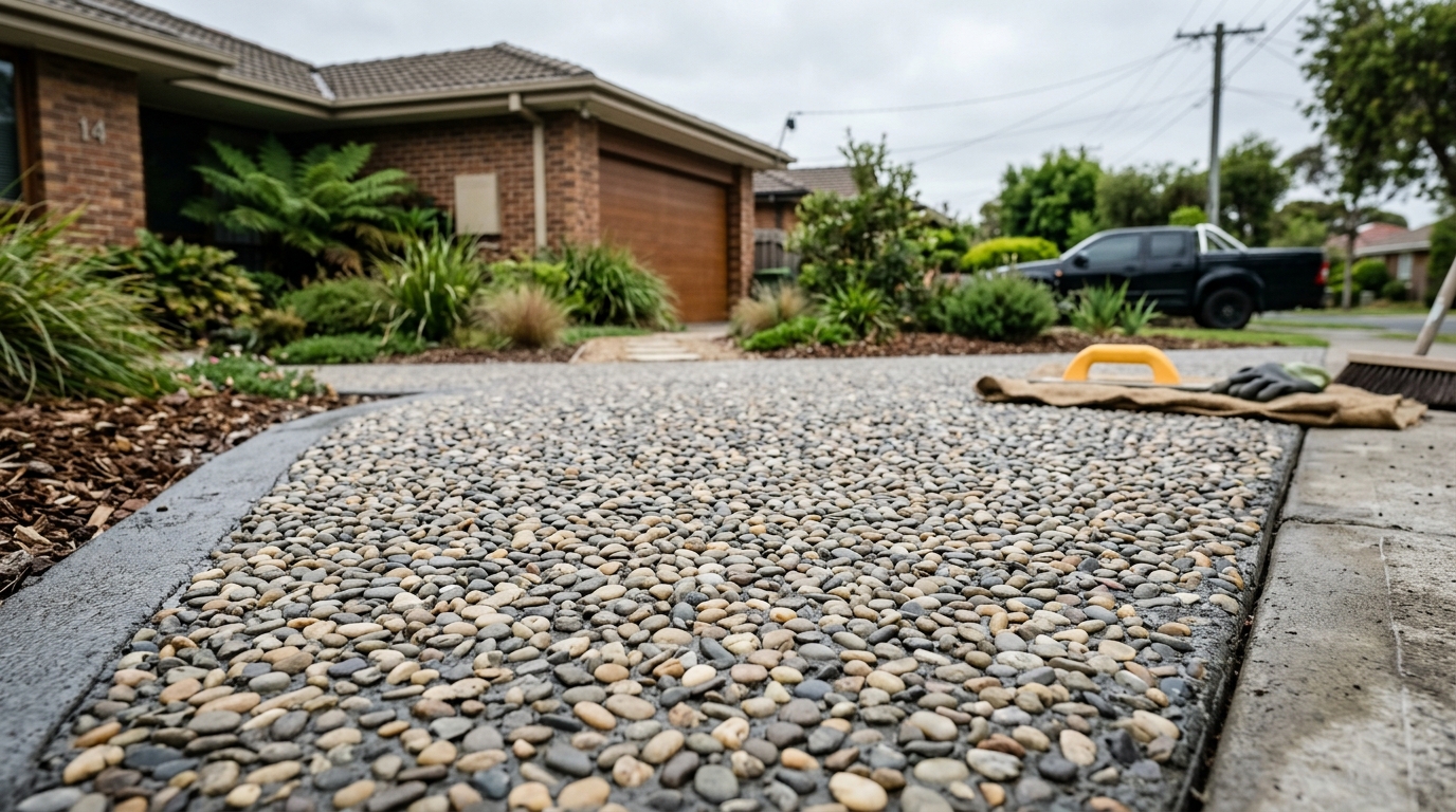 Close view of a new exposed aggregate driveway with grey, tan and cream pebbles in a Melbourne suburban home