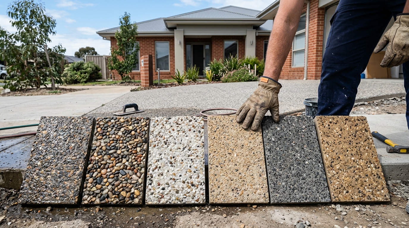 Sample panels of exposed aggregate concrete in different pebble colours laid side by side on a job site