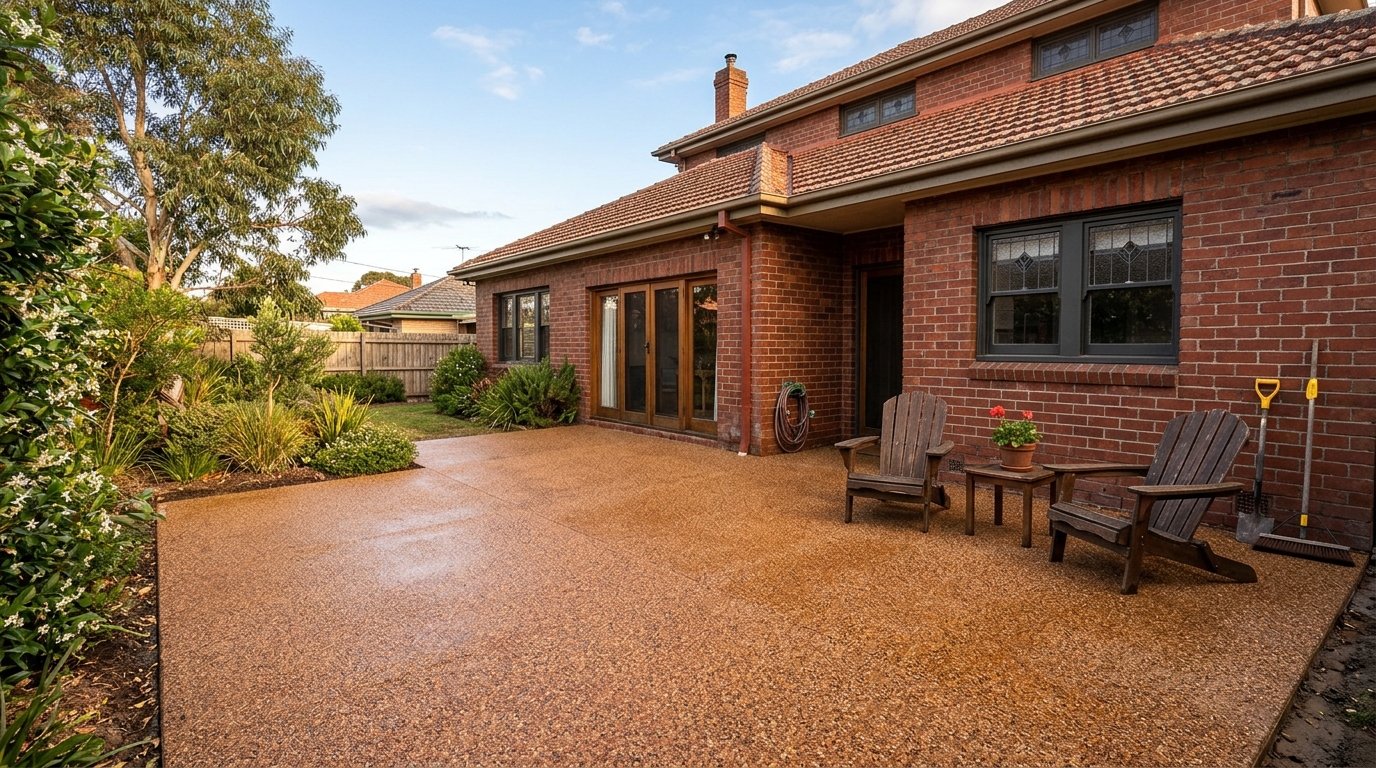 Warm toned exposed aggregate patio in terracotta and honey shades beside a brick house in afternoon sun