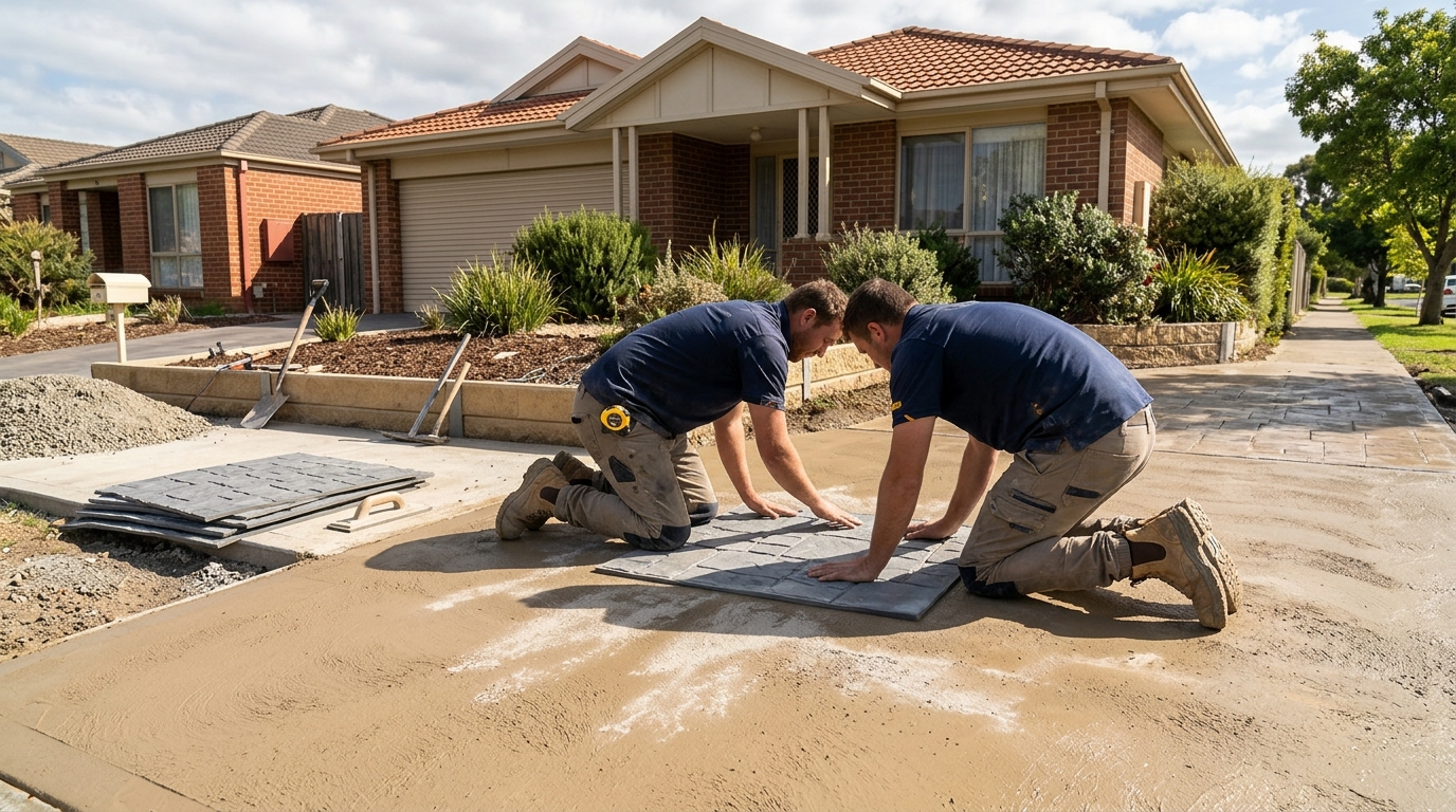 Contractors pressing a stone pattern stamp mat into wet sandstone coloured concrete on a driveway