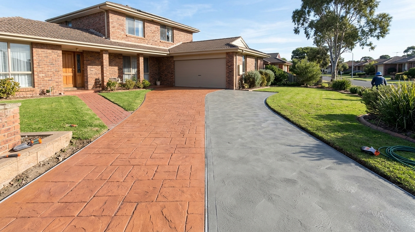 Driveway with one half plain grey concrete and the other half terracotta stamped concrete in front of a brick house