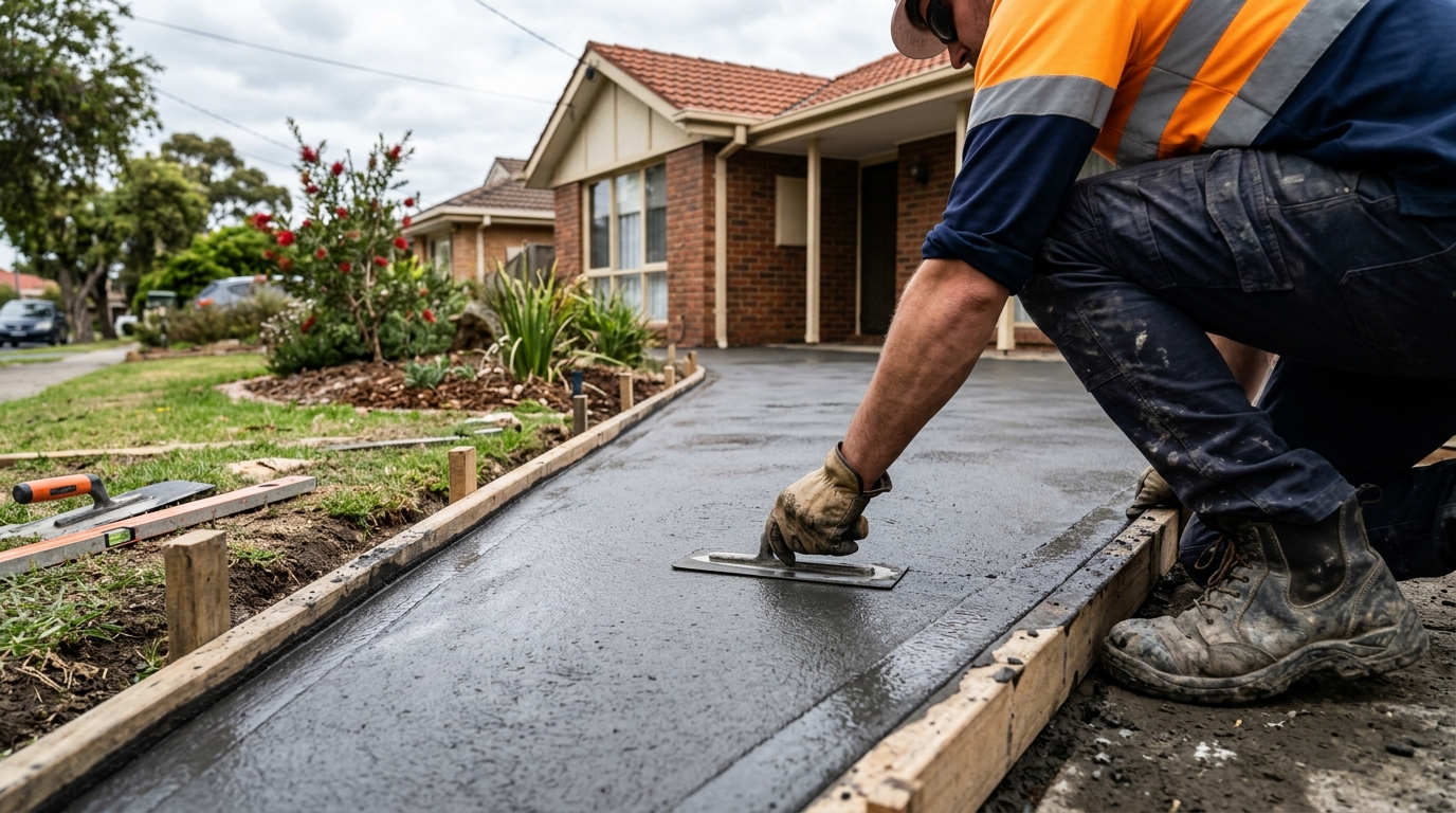Worker trowelling a freshly poured charcoal coloured concrete driveway beside timber formwork