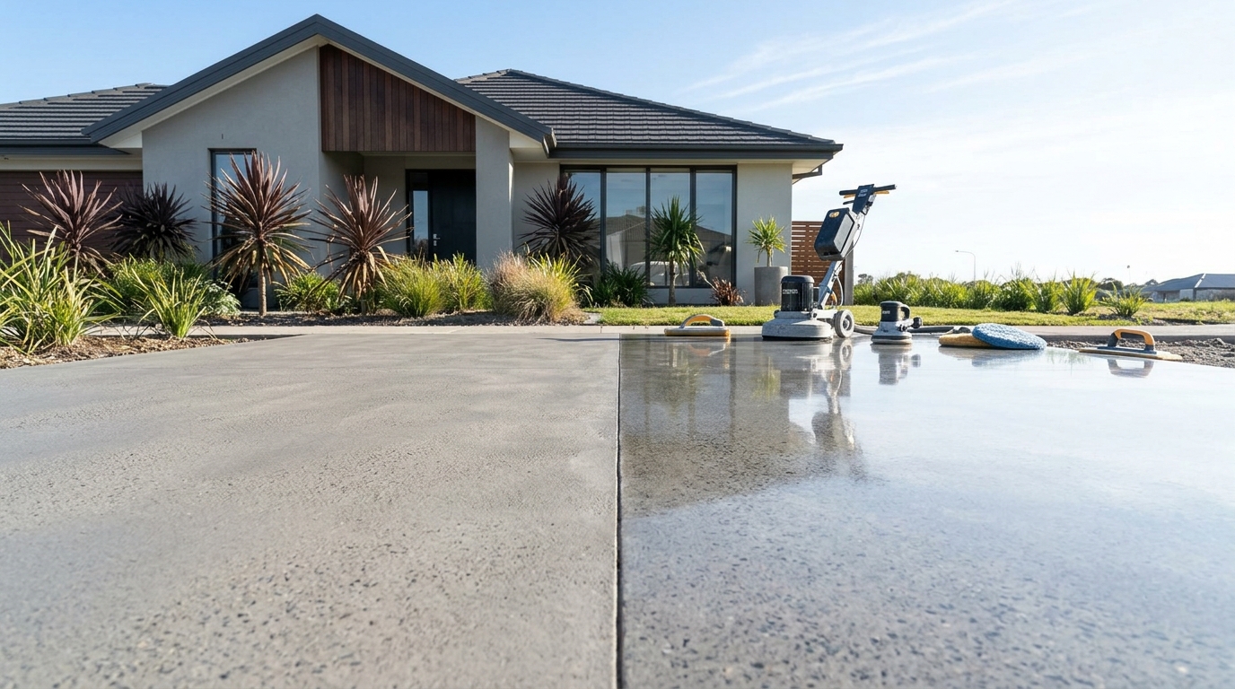 Two concrete floor sections side by side, one matte and one glossy, in a bright empty commercial space