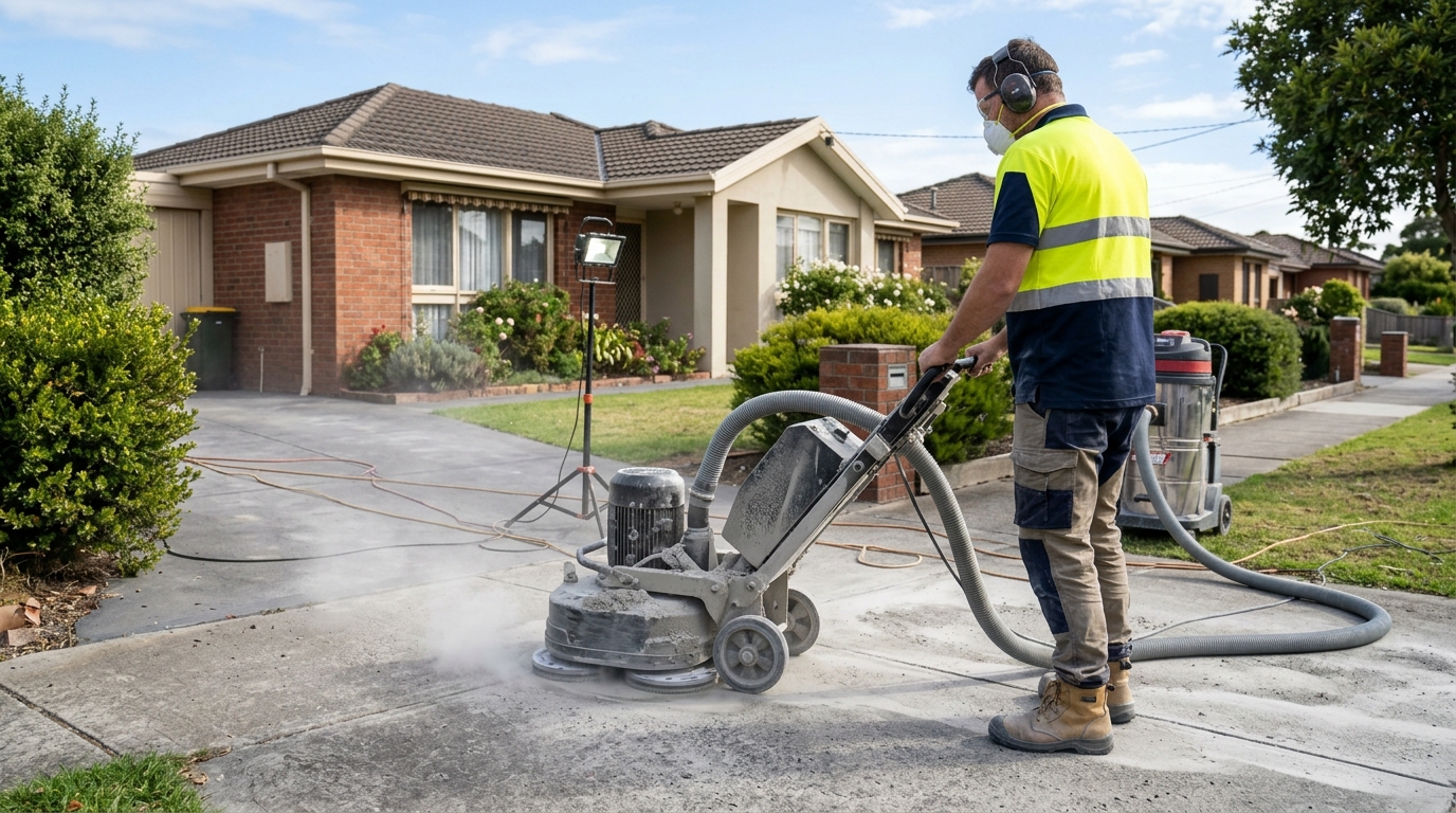 Worker running a walk-behind concrete grinder with a dust vacuum attached on a gray slab indoors