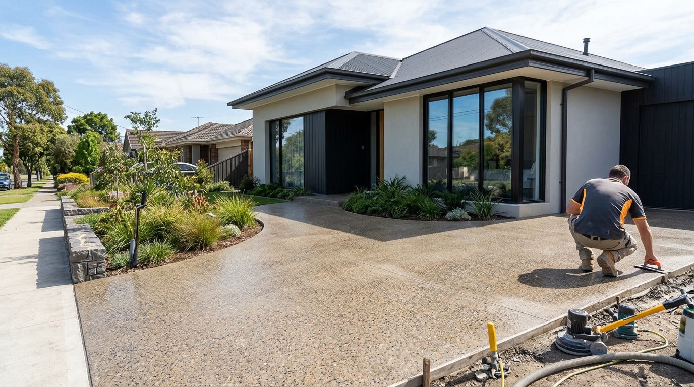 Polished concrete floor with exposed aggregate in a modern living space with large windows and soft light