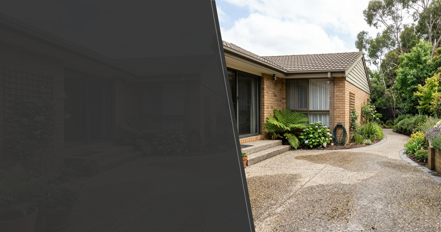 Newly poured broom-finish concrete patio beside a brick home in Melbourne