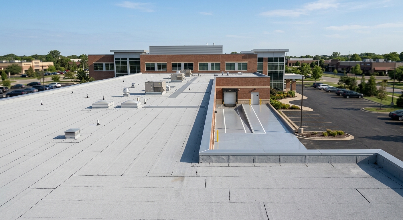 EPDM membrane roof replacement on office building in Macomb
