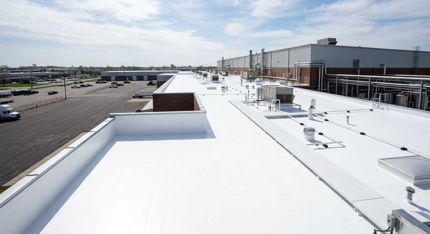 Acrylic roof coating on warehouse complex in Sterling Heights