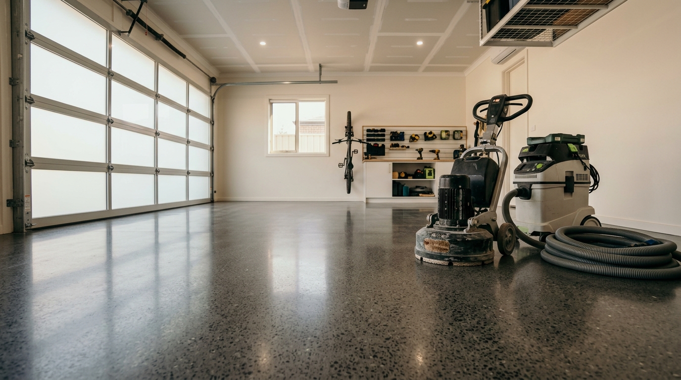 Freshly poured and finished concrete slab beside a Melbourne suburban house