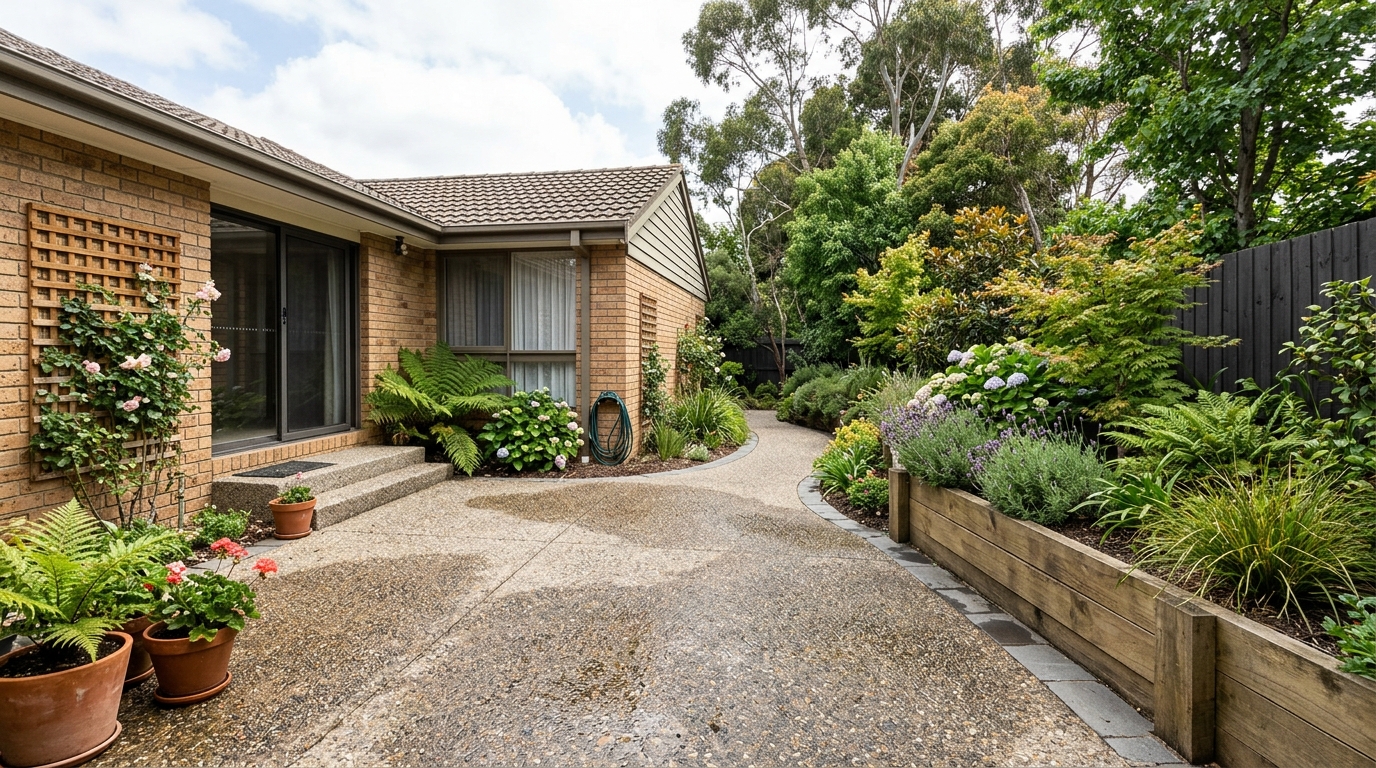 Completed concrete patio and path with outdoor furniture at a Melbourne home