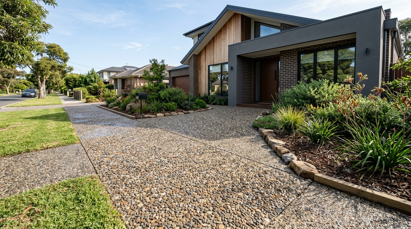 Finished driveway curving past a front lawn at a suburban home