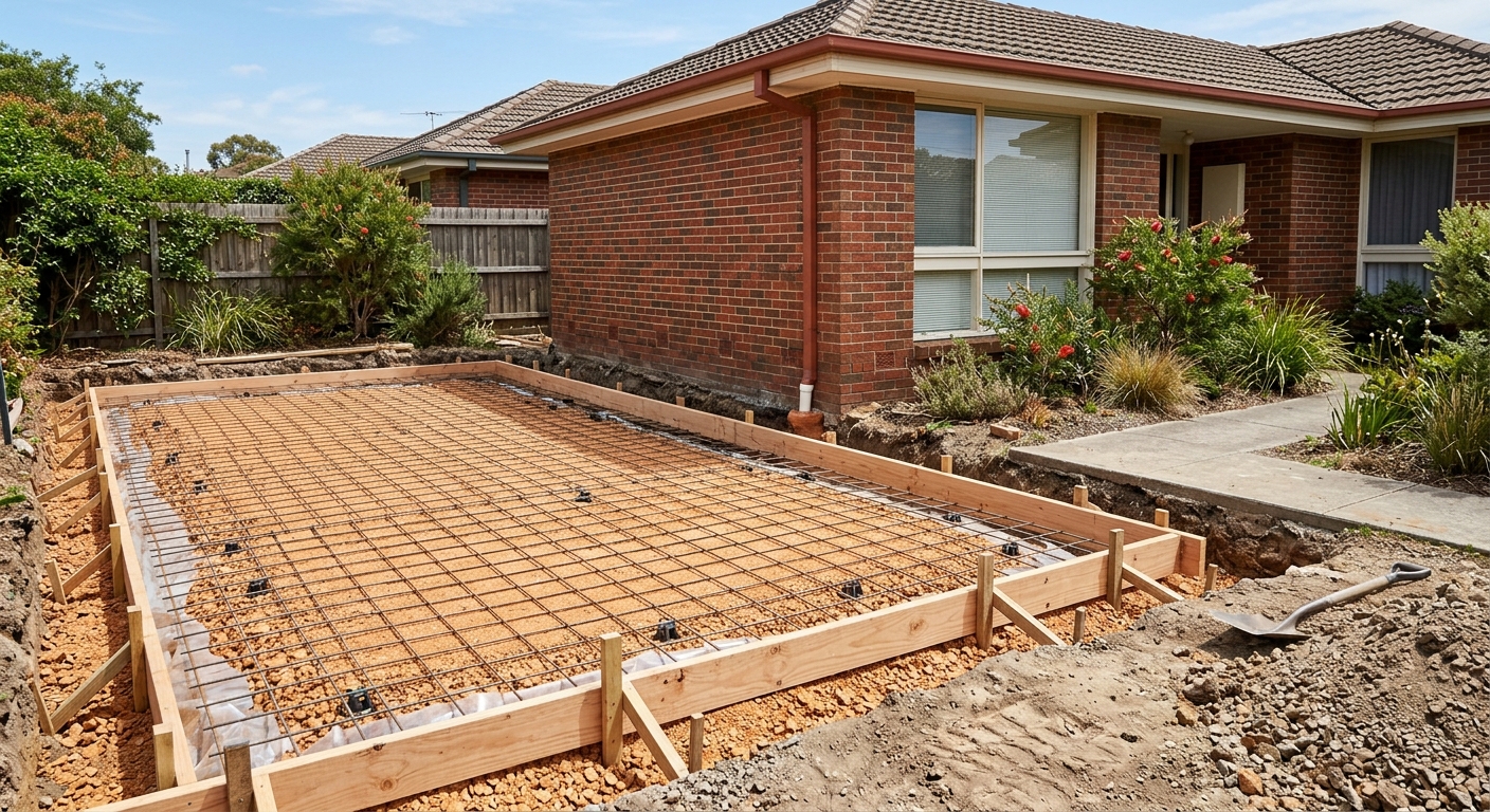 Excavator cutting and levelling a sloping Melbourne block ahead of a slab