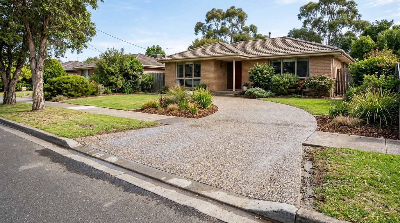 Finished concrete driveway beside a Melbourne family home at dusk