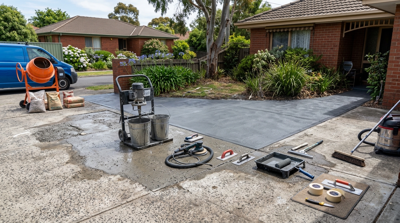 Newly resurfaced concrete patio finished by our team in a Melbourne backyard