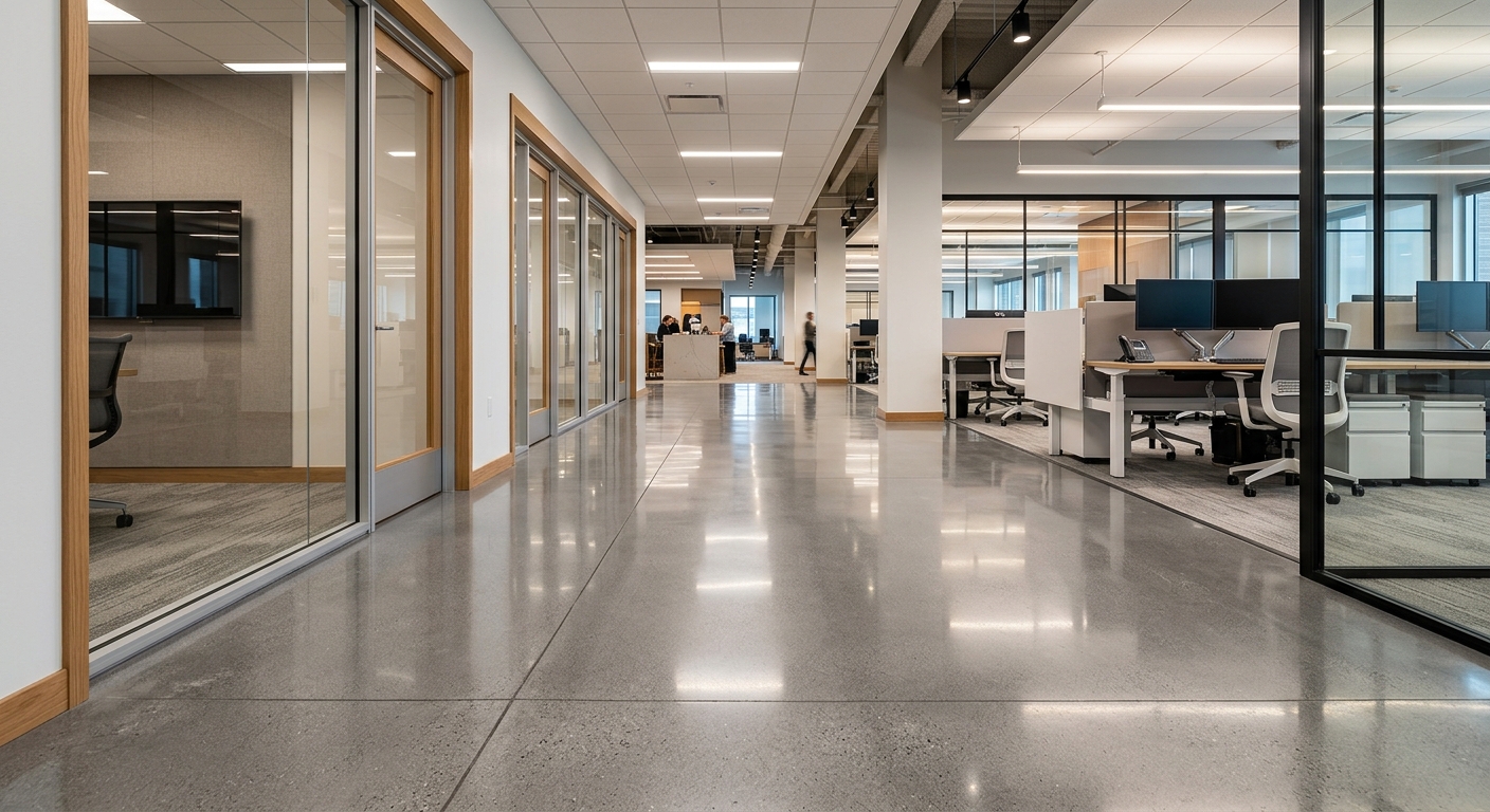 Office building lobby floor coating project in West Plano business district