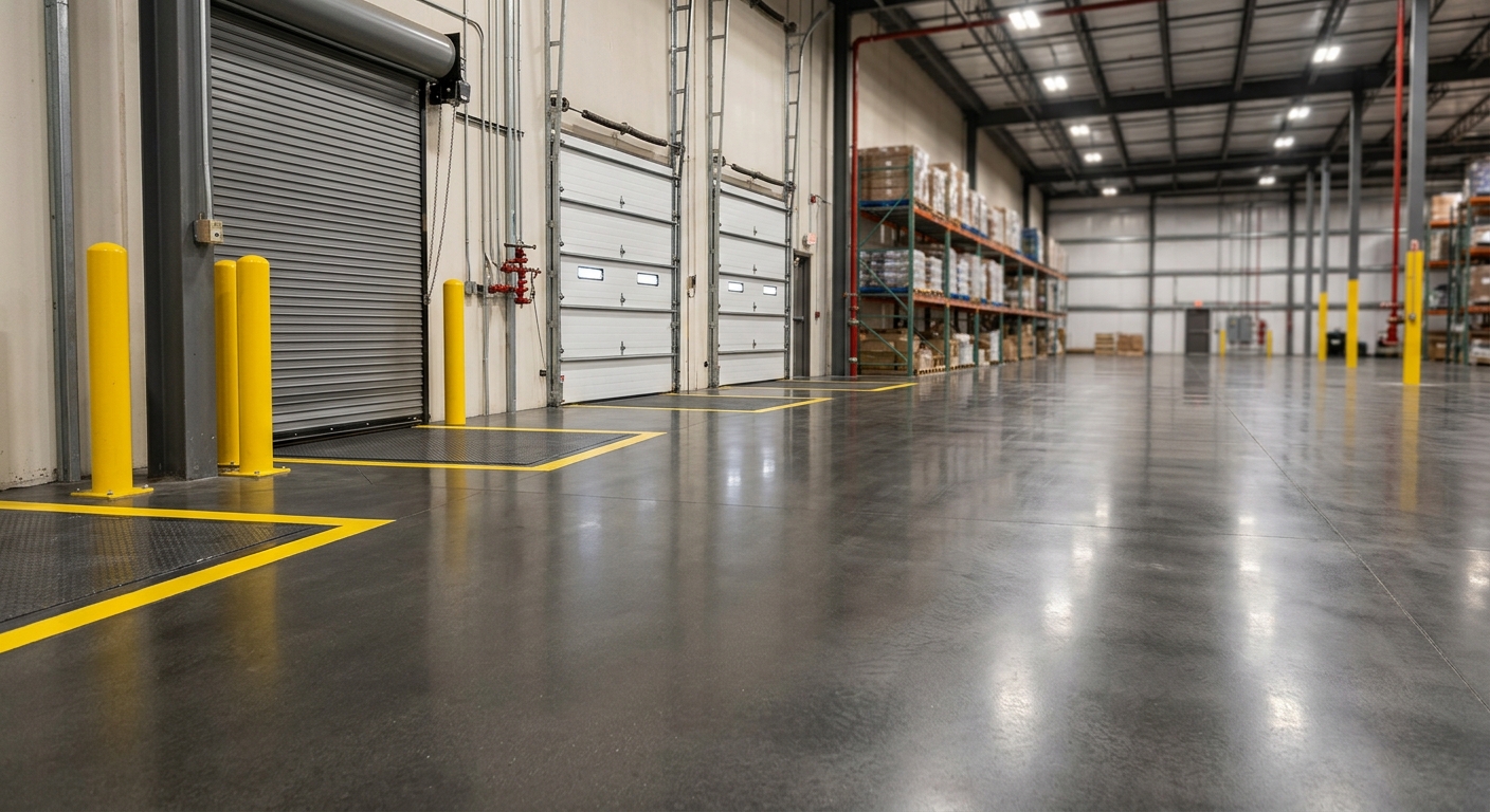 Chemical storage area floor coating applied in East Plano industrial complex