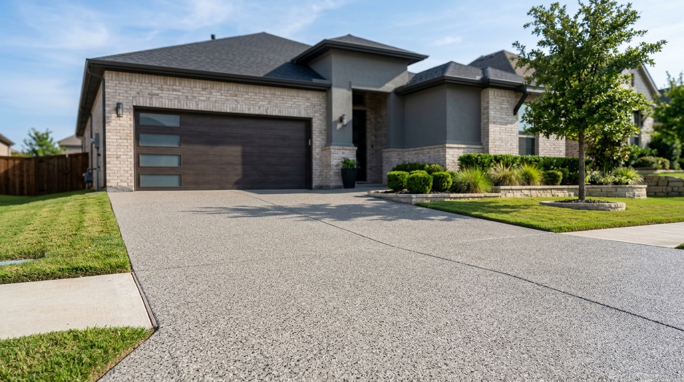 Gray epoxy driveway coating with decorative flakes completed in West Plano neighborhood
