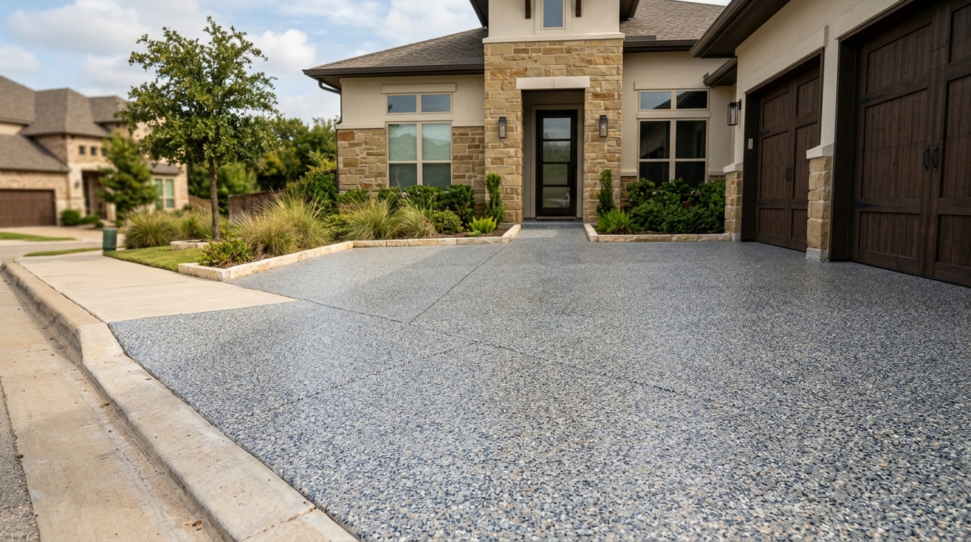 Commercial-grade driveway coating applied to business property driveway in downtown Plano