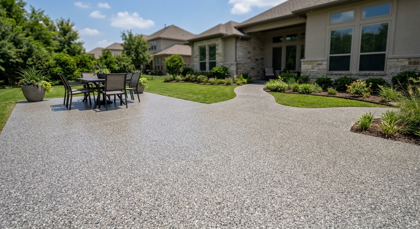 Restored and coated concrete patio in West Plano backyard