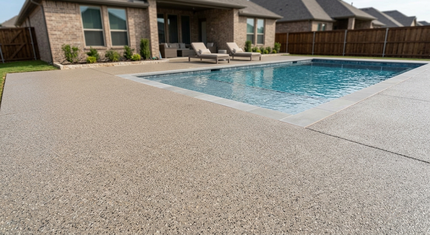 Decorative stamped pool deck resurfacing with earth-tone coating in Legacy West Plano