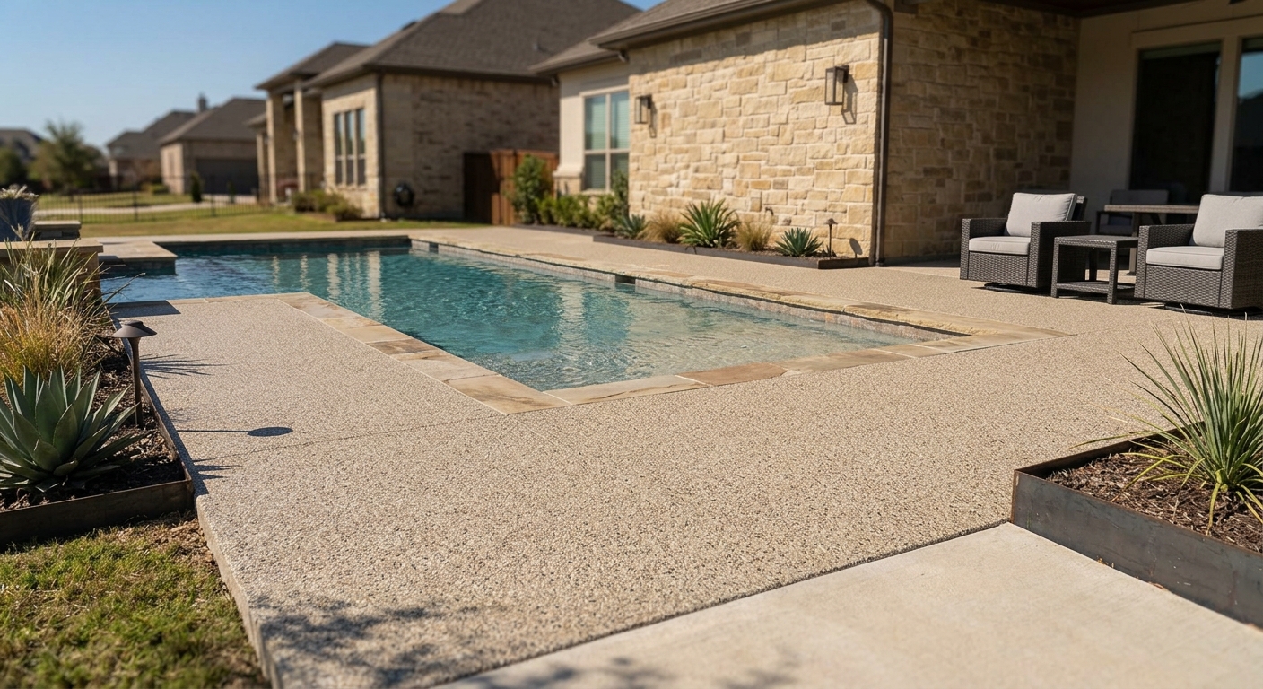 Commercial pool deck coating installation with slip-resistant finish at Plano apartment complex