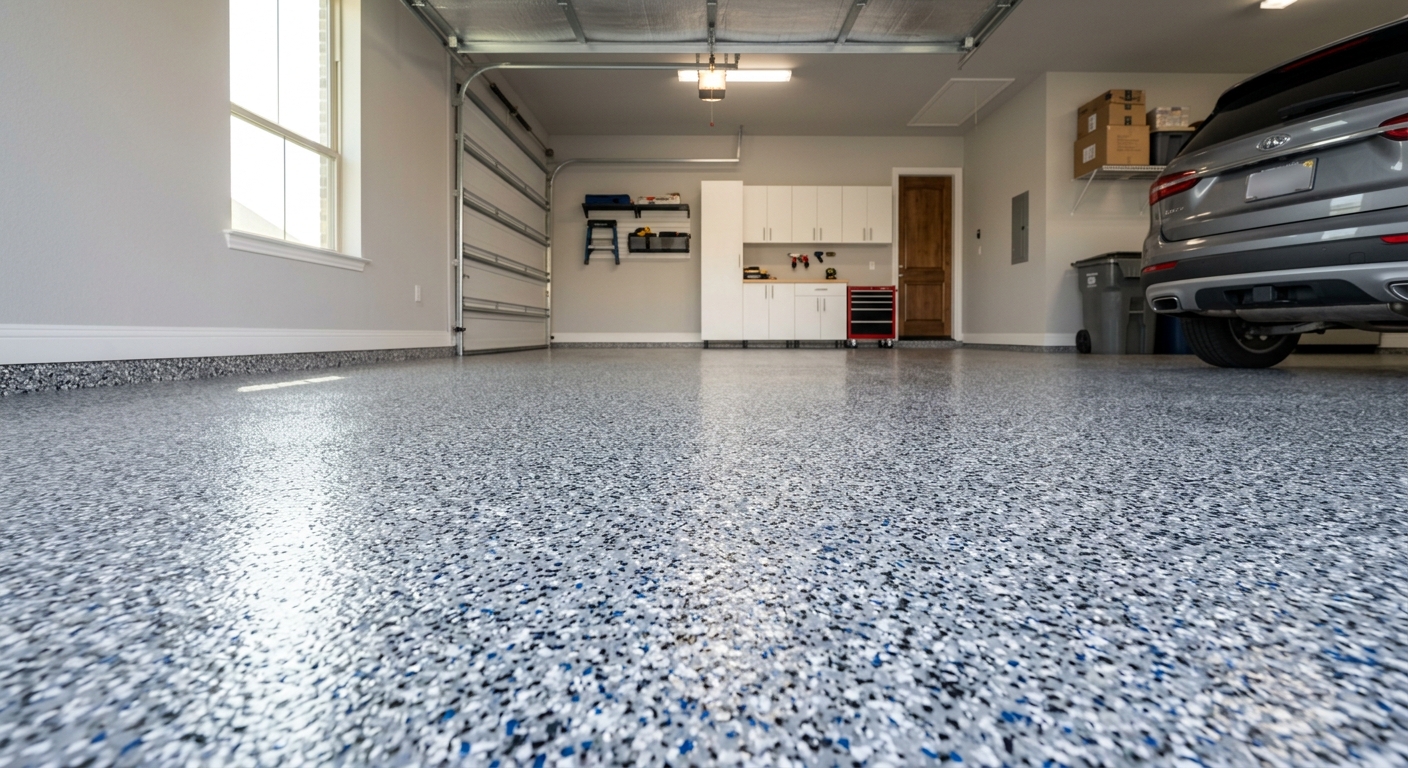 Metallic epoxy garage floor installation in West Plano residential garage