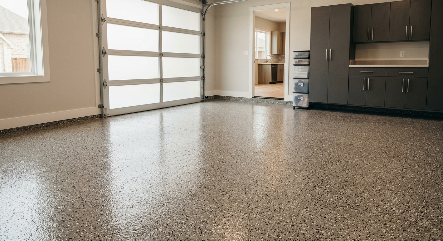 Solid color epoxy garage floor coating finished in East Plano neighborhood